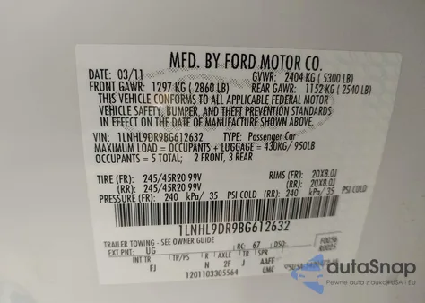 2011 Lincoln Mks из США, поврежденный, VIN 1LNHL9DR9BG612632